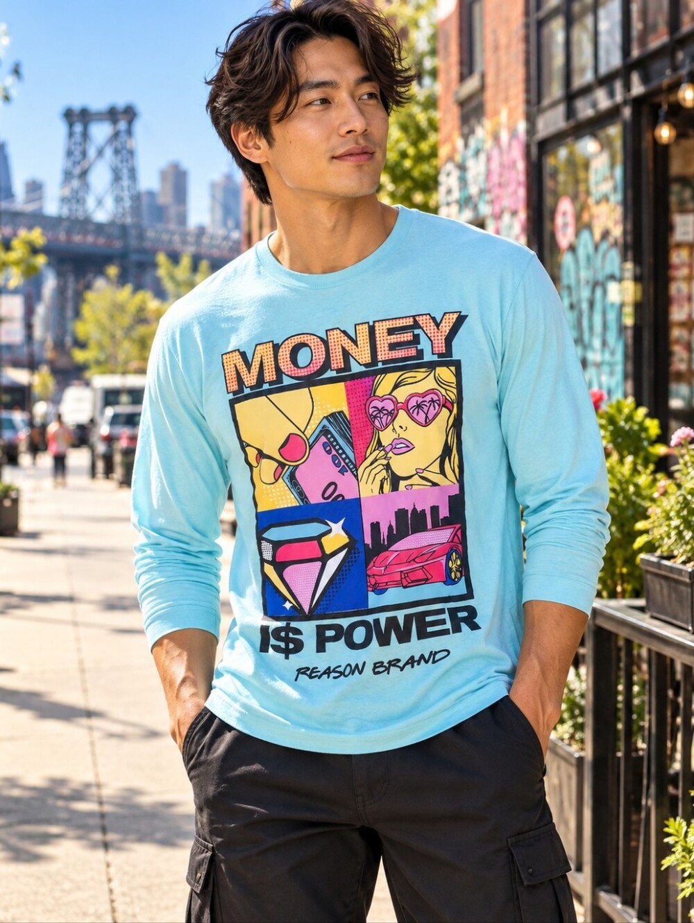 Reason Brand Men's Money is Power Comic Pop Art Graphic print long sleeve Tee
